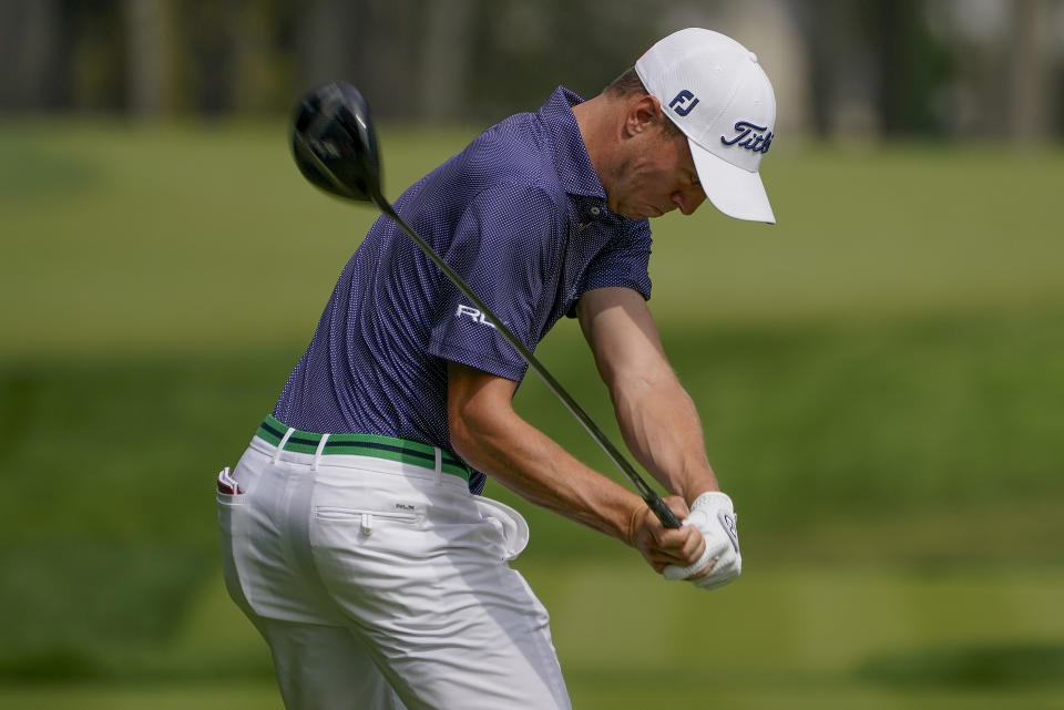 Justin Thomas, of the United States, plays his shot from the 14th tee during the first round of the US Open Golf Championship, Thursday, Sept. 17, 2020, in Mamaroneck, N.Y. (AP Photo/Charles Krupa)