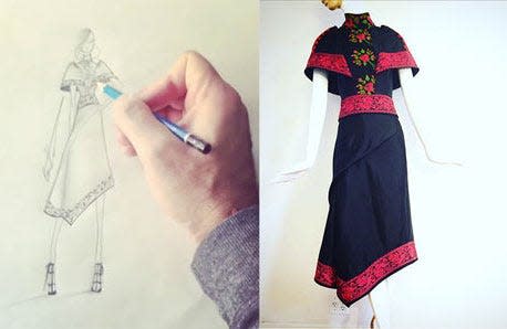 A sketch and final product of Rami Kashou's embroidered dress