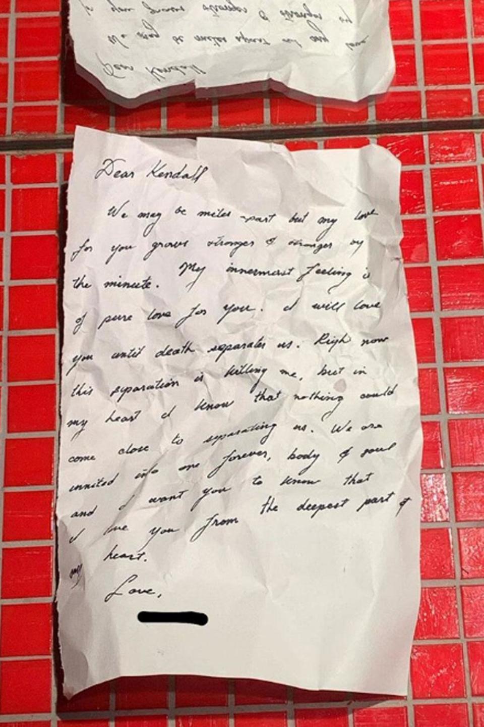 Note: Kendall Jenner shared the sweet note but blacked out the author's name (Instagram / Kendall Jenner)