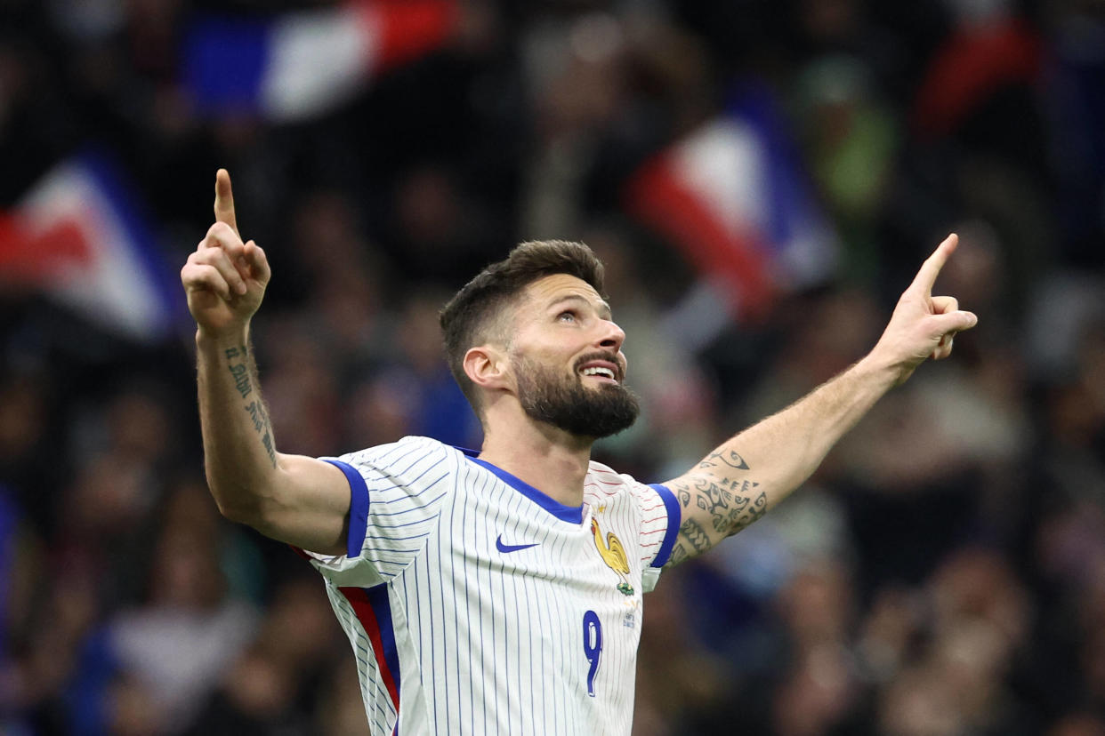 L’attaquant français Olivier Giroud. Photo d’illustration du joueur célèbrant le troisième but de son équipe lors du match amical de football entre la France et le Chili au Stade Vélodrome de Marseille, le 26 mars 2024.