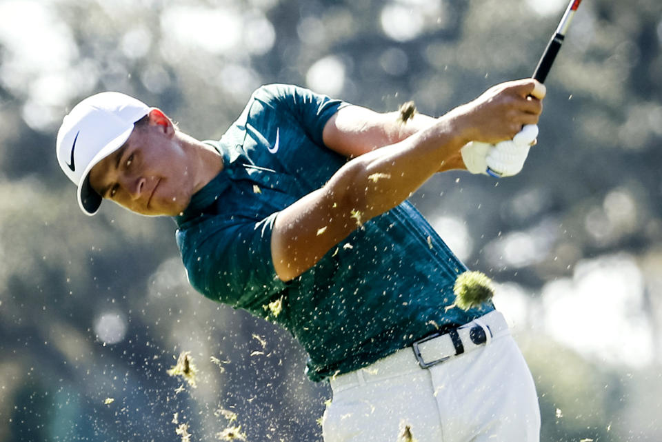 Cameron Champ drives his ball off the third tee during the third round of the RSM Classic golf tournament on Saturday, Nov. 17, 2018, in St. Simons Island, Ga. (AP Photo/Stephen B. Morton)