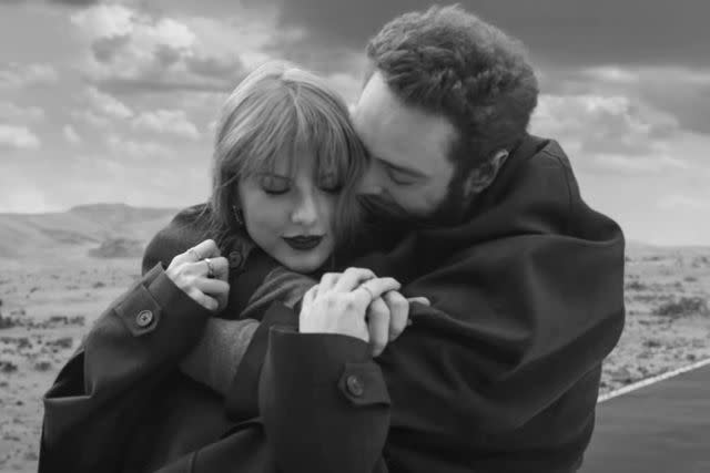 <p>Taylor Swift/ Youtube</p> Taylor Swift and Post Malone in the music video for "Fortnight"