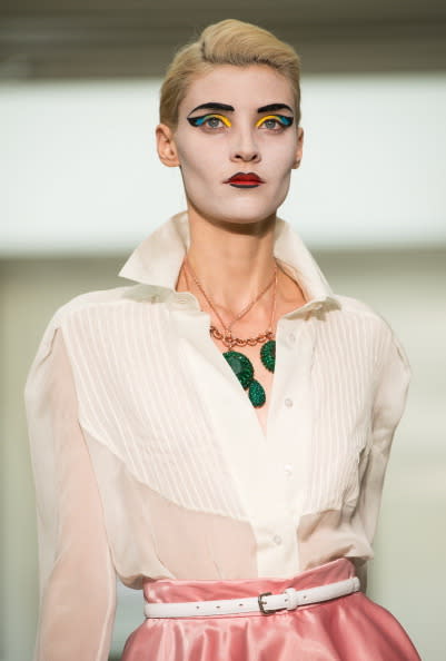 Although Vivienne Westwood's collection was relatively tame, the makeup, which was reportedly inspired by Catherine Deneuve, was the talk of the show.