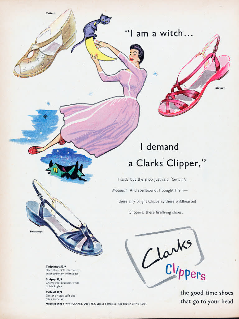 1956: Advertisement for Clarks Clipper shoes with the caption 'I am a witch...I demand a Clarks Clipper'. Original Publication: Picture Post Ad - Vol 70 No 09 P 18 - pub. 3rd March 1956. (Photo by Picture Post/Hulton Archive/Getty Images)