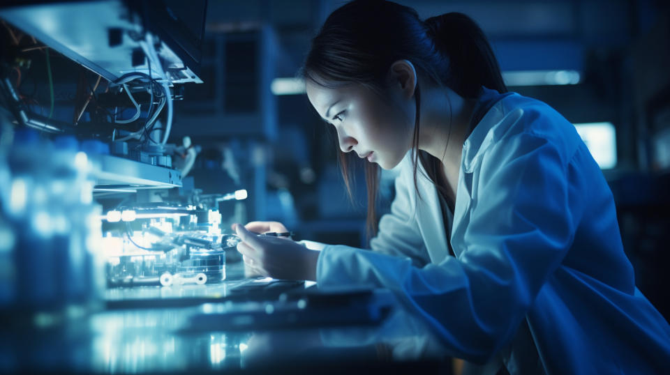 A laboratory technician at an advanced diagnostic machine.