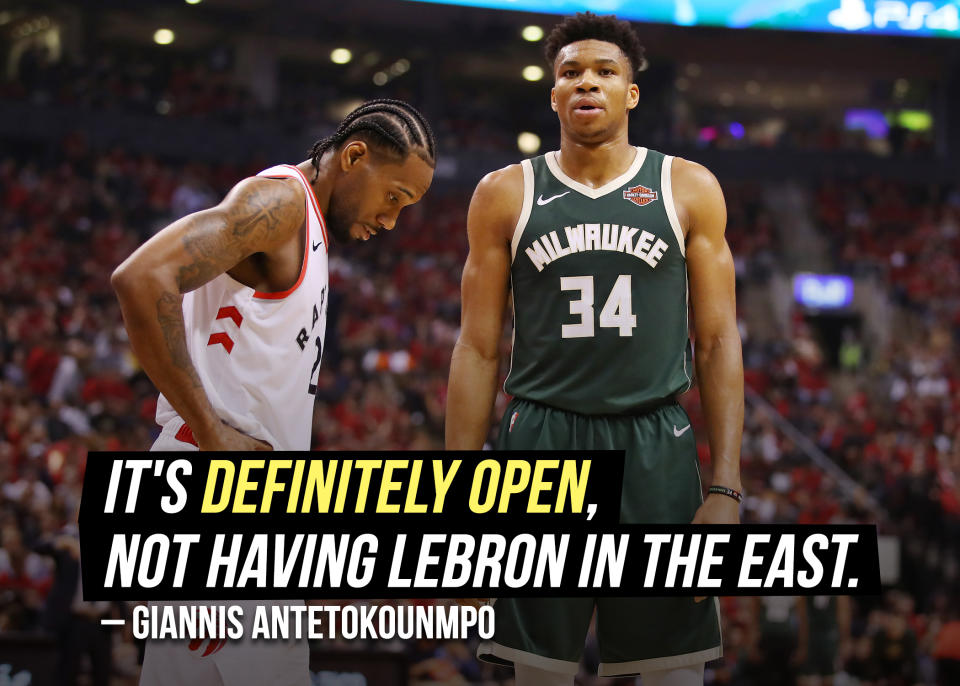 Giannis Antetokounmpo tells ESPN about the mindset <a href="https://sports.yahoo.com/giannis-acknowledges-le-bron-james-departure-cleared-east-path-its-definitely-open-233221766.html" data-ylk="slk:he wasn't quite ready for;elm:context_link;itc:0;sec:content-canvas;outcm:mb_qualified_link;_E:mb_qualified_link;ct:story;" class="link  yahoo-link">he wasn't quite ready for</a>.