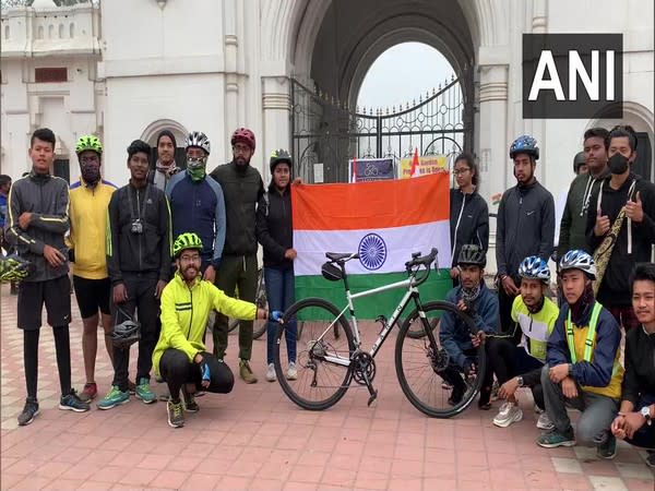 Visual of people who participated in a cycle rally in Tripura. (Photo/ANI)