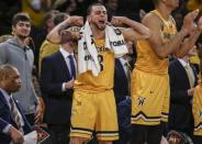 Apr 2, 2019; New York, NY, USA; Wichita State Shockers guard Ricky Torres (3) celebrates in the second half of the NIT semifinals against the Lipscomb Bisons at Madison Square Garden. Mandatory Credit: Wendell Cruz-USA TODAY Sports