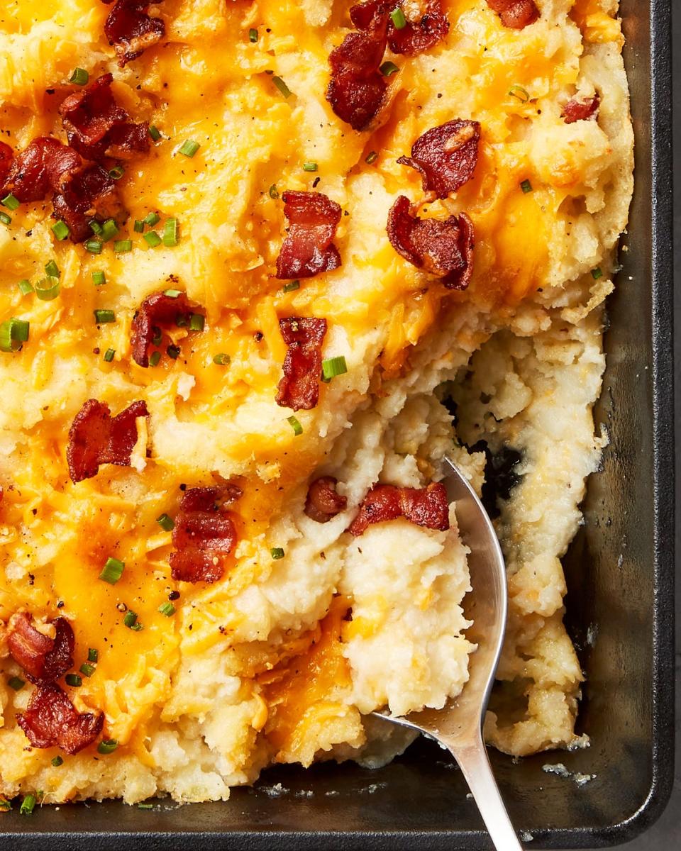 mashed potatoes baked in a casserole topped with cheese and bacon