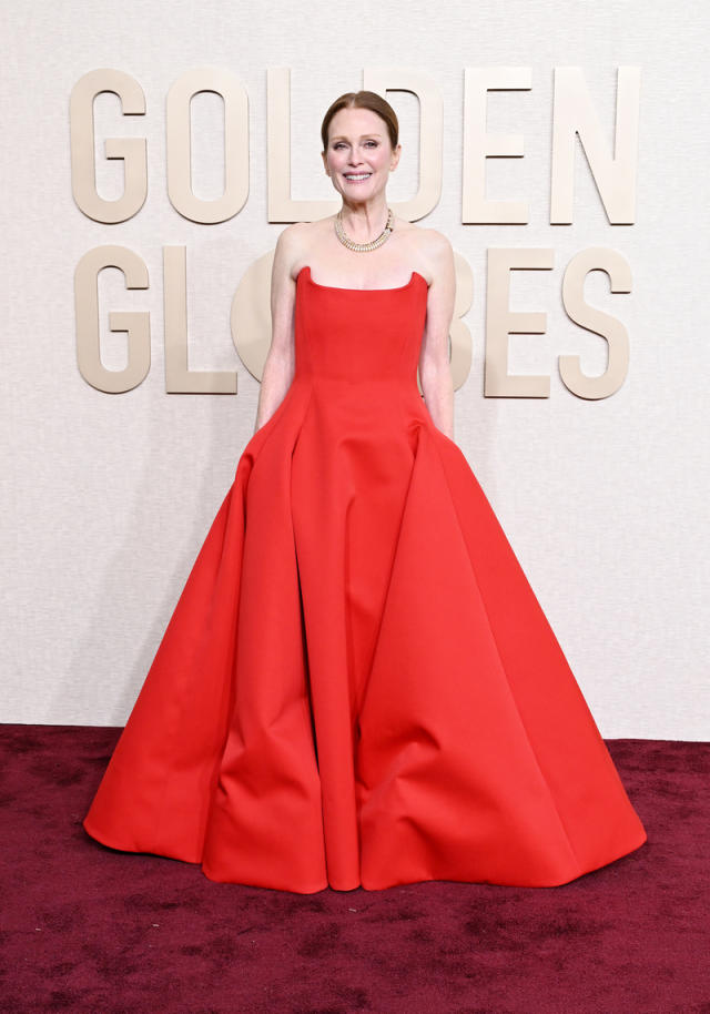 Julianne Moore Goes Strapless in Red Bottega Veneta Dress at