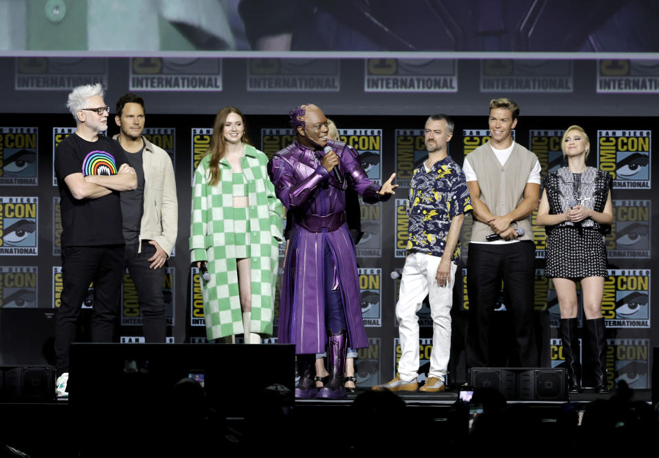 SAN DIEGO, CALIFORNIA - JULY 23: (L-R) James Gunn, Chris Pratt, Karen Gillan, Chukwudi Iwuji, Pom Klementieff, Sean Gunn, Will Poulter, and Maria Bakalova speak onstage at the Marvel Cinematic Universe Mega-Panel during 2022 Comic Con International: San Diego at San Diego Convention Center on July 23, 2022 in San Diego, California. (Photo by Kevin Winter/Getty Images)