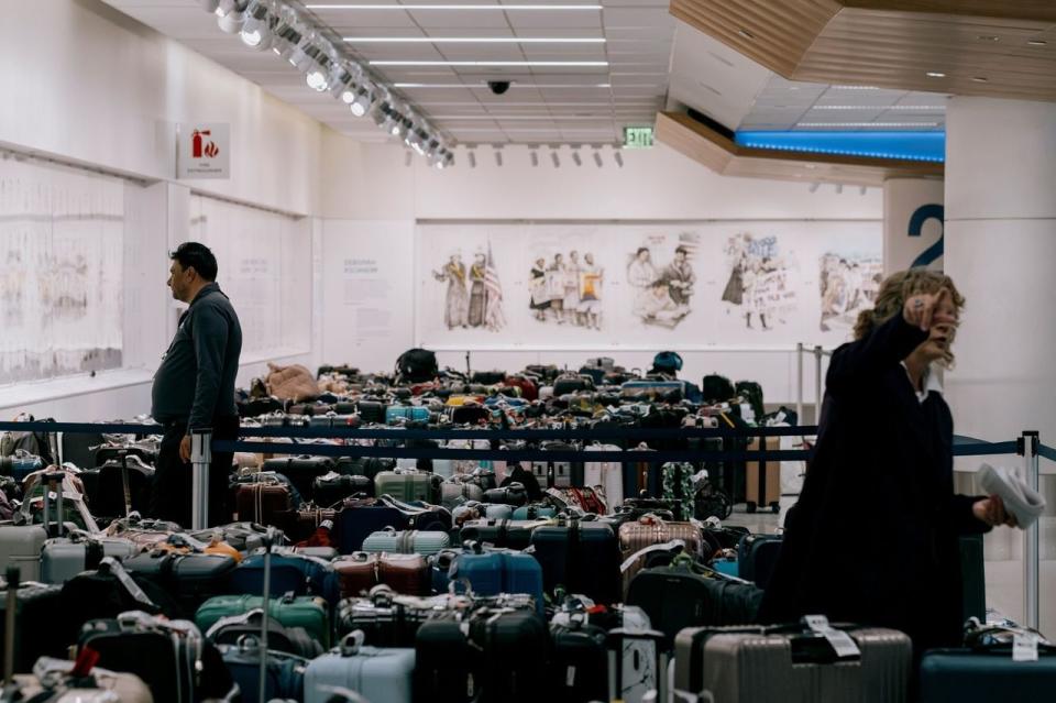 Unclaimed luggage in the Delta baggage claim at Los Angeles International Airport during last month’s CrowdStrike software meltdown., which hit the carrier especially hard. 