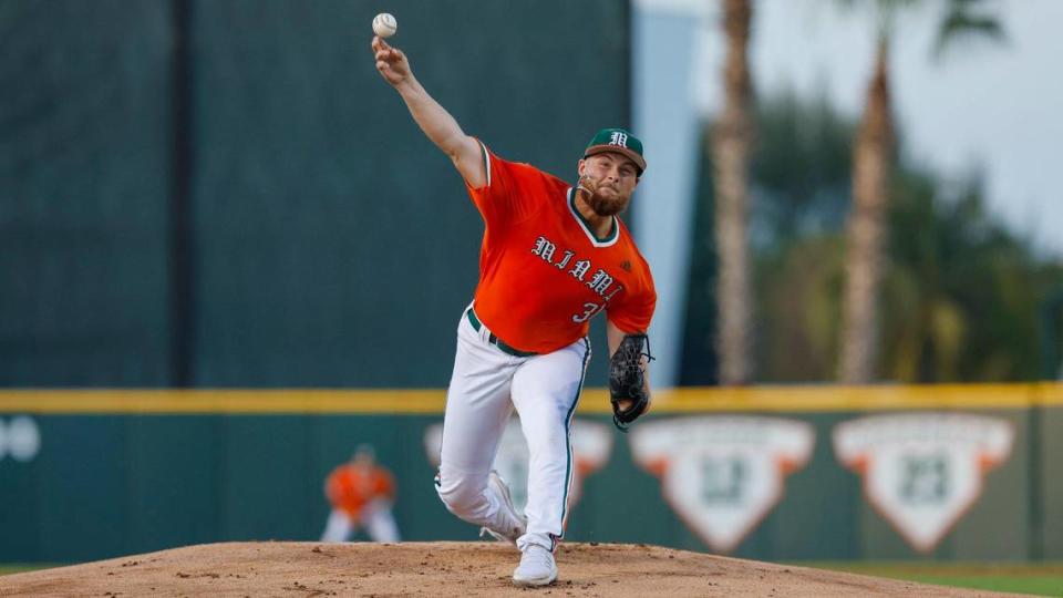 Miami Hurricanes pitcher Gage Ziehl (31) pitches in the first inning against the North Carolina at Alex Rodriguez Park at Mark Light Field on campus in Coral Gables, Florida on Friday, March 15, 2024.