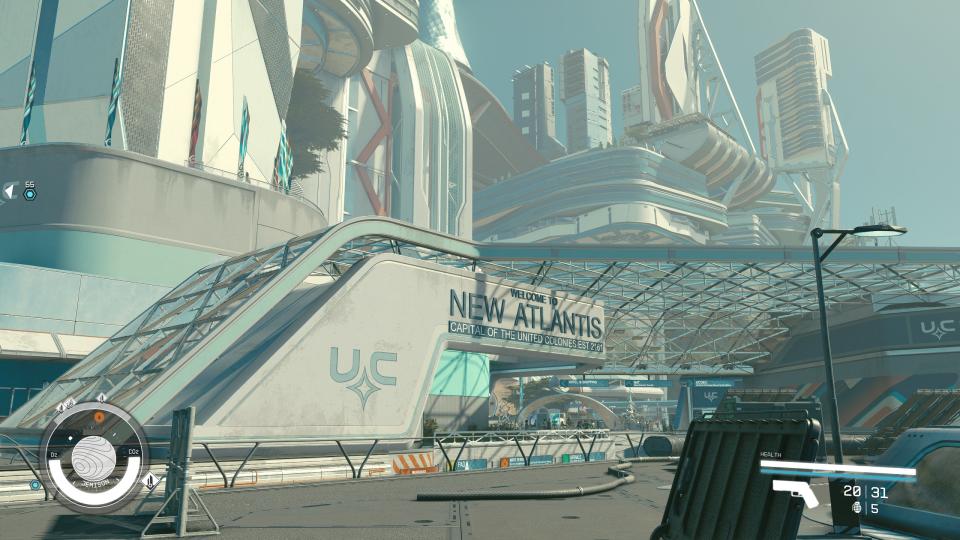 A shot of Starfield's New Atlantis docking area.