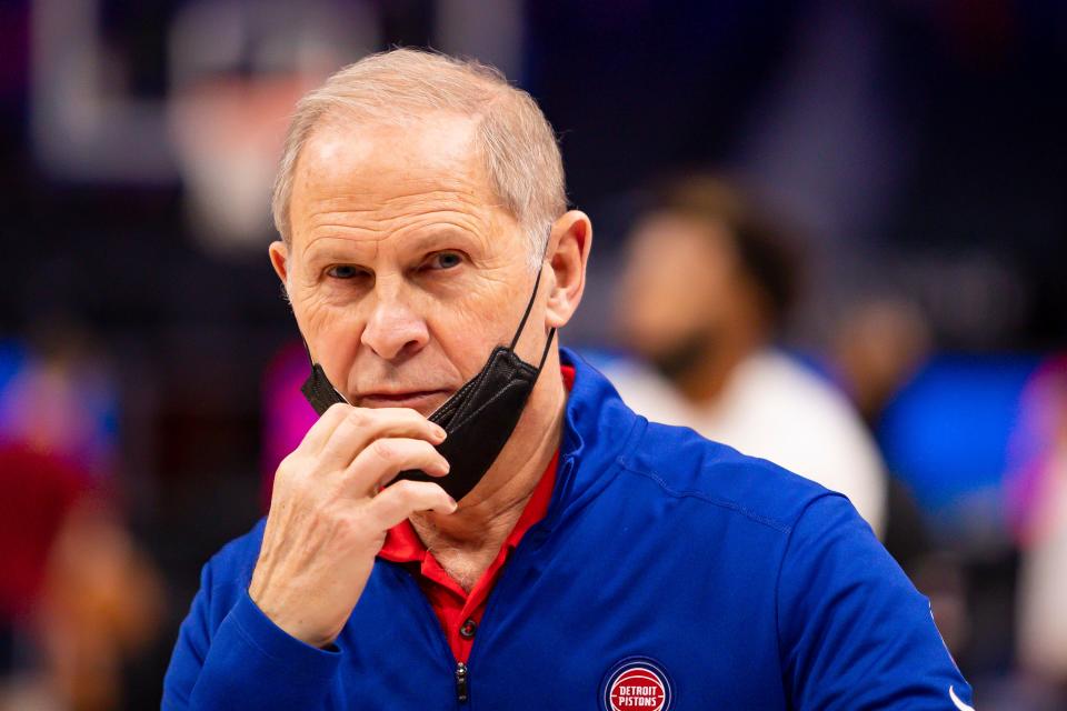 Detroit Pistons senior player development adviser John Beilein looks on before the game against the Cleveland Cavaliers at Little Caesars Arena, Jan. 30, 2022.