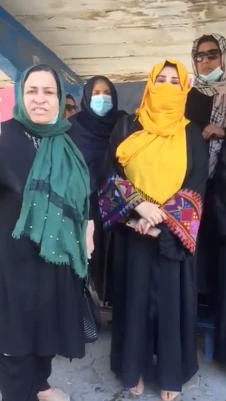 A group of women gather for a protest in Kabul
