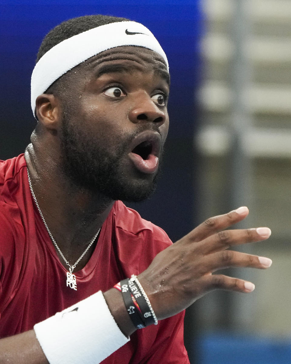 United States' Frances Tiafoe reacts during his Group C match against Germany's Oscar Otte at the United Cup tennis event in Sydney, Australia, Tuesday, Jan. 3, 2023. (AP Photo/Mark Baker)