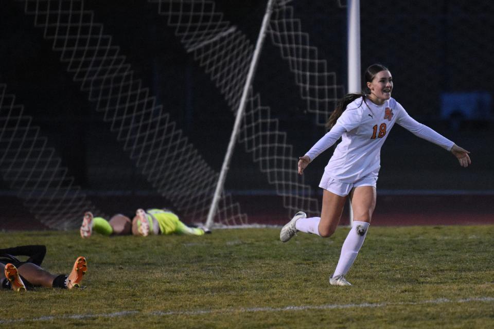 Apple Valley’s Jadyn Bechtel celebrates after scoring a goal during the first half against Oak Hills on Friday, Jan. 19, 2024. Apple Valley beat Oak Hills 1-0 and improved to 6-0 in the Mojave River League standings.