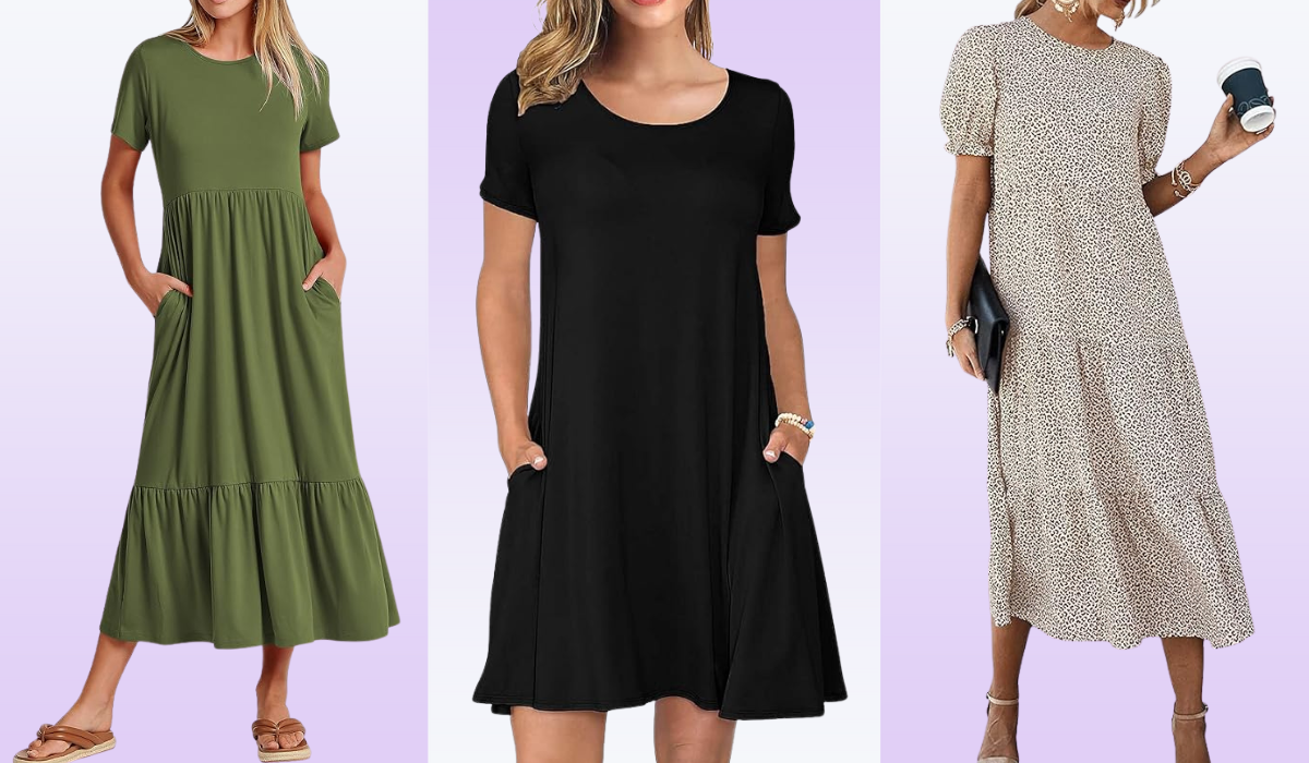 three different dresses — olive green tiered midi dress, black t-shirt dress, and patterned tiered midi dress