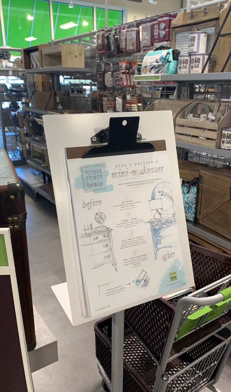 Clipboard at HomeSense with directions on how to give a dresser a mini makeover