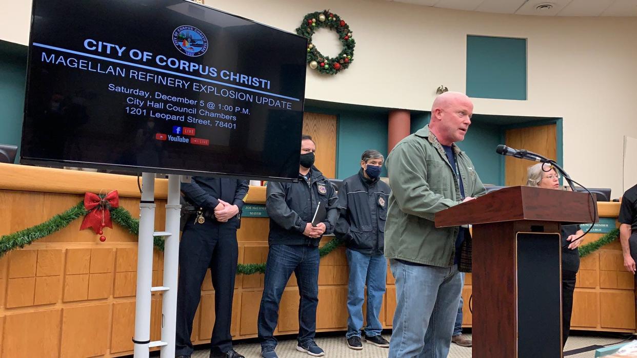 Mark Calhoun, then the manager of terminal and process operations at Magellan Midstream Partners, provides an update to the public regarding the refinery explosion at Poth Lane at a news conference on Saturday, Dec. 5, 2020.