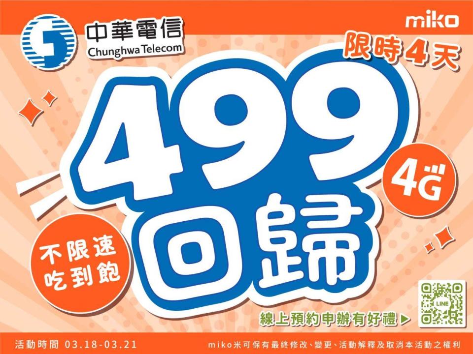 通訊廠商miko米可推出「499限時回歸」優惠。（圖／翻攝自官網）