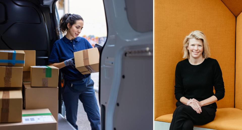 Delivery driver (left), Eva Ross (right). Source: Getty Images (left), Sling & Stone (provided, right)