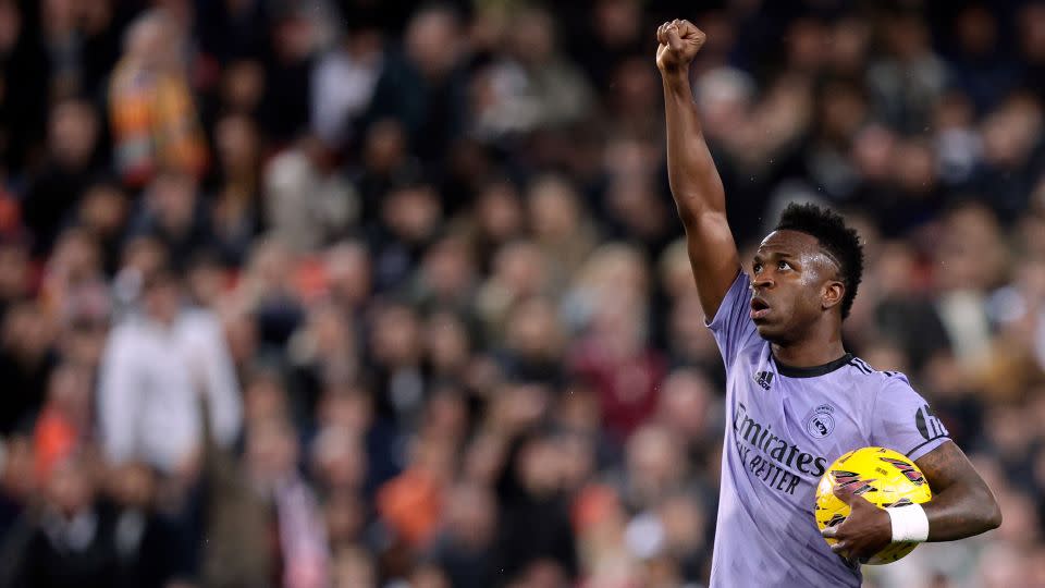 Vinícius celebrates scoring against Valencia. - David S. Bustamante/Soccrates/Getty Images