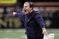 Chicago Bears head coach Matt Eberflus yells from the sideline during the first half of an NFL football game against the New Orleans Saints in New Orleans, Sunday, Nov. 5, 2023. (AP Photo/Butch Dill)