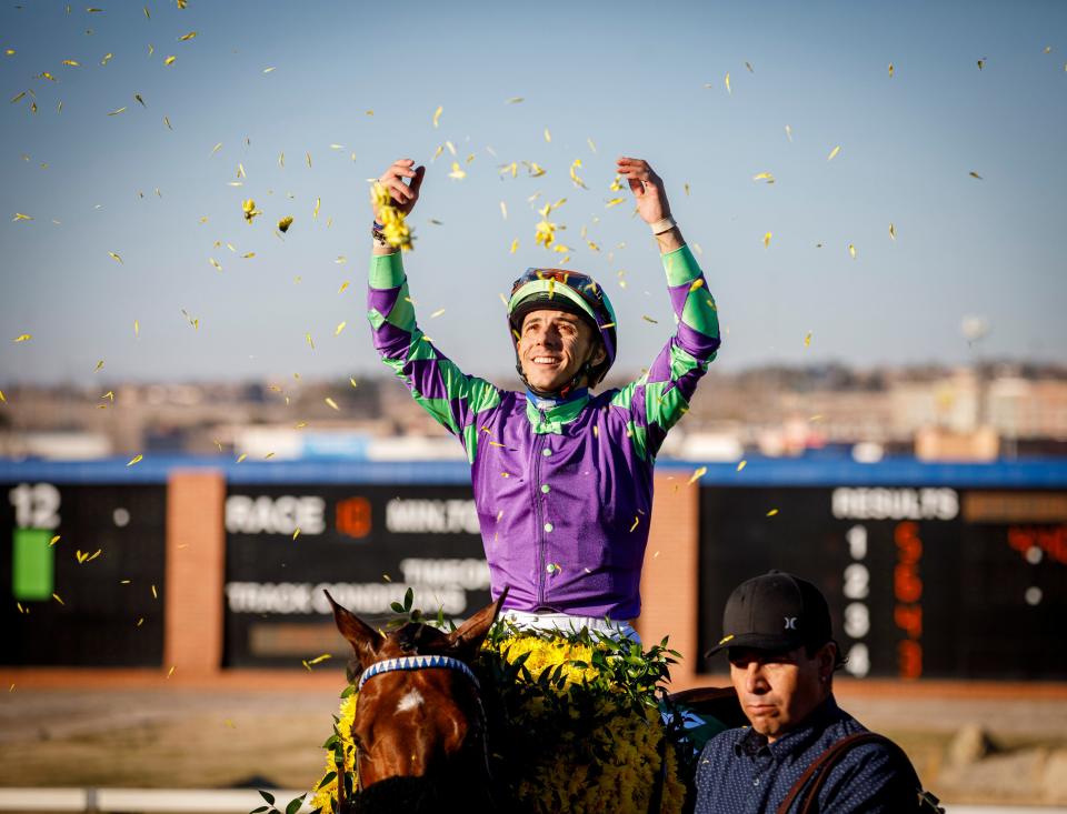 Jockey Joel Rosario atop Stronghold (5) celebrates after winning the Sunland Park Derby at Sunland Park Racetrack & Casino, in Sunland Park, New Mexico, Sunday, February 18, 2024. The 19th annual Sunland Park Derby (Grade III) Stakes was the premiere race of the day and the $400,000 race gives the winner 20 qualifying points towards entrance into the 2024 Kentucky Derby.