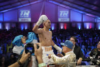 Teofimo Lopez celebrates after defeating Pedro Campa by TKO in a junior welterweight boxing match, Saturday, Aug. 13, 2022, in Las Vegas. (AP Photo/John Locher)