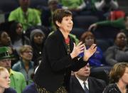 Apr 1, 2019; Chicago, IL, USA; Notre Dame Fighting Irish head coach Muffet McGraw gestures to her team during the first half in the championship game of the Chicago regional in the women's 2019 NCAA Tournament at Wintrust Arena. Mandatory Credit: David Banks-USA TODAY Sports