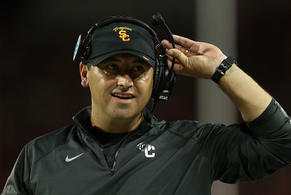 TUCSON, AZ - OCTOBER 11: Head coach Steve Sarkisian of the USC Trojans on the sidelines during the college football game against the Arizona Wildcats at Arizona Stadium on October 11, 2014 in Tucson, Arizona. The Trojans defeatred the Wildcats 28-26. (Photo by Christian Petersen/Getty Images)