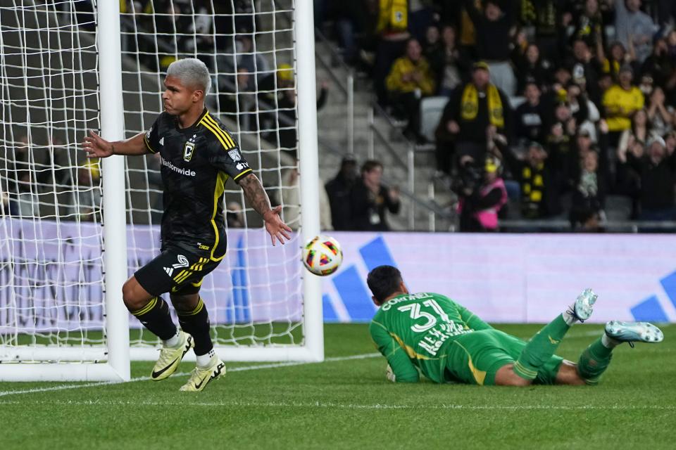 Crew forward Cucho Hernandez scores against the New York Red Bulls on March 16.