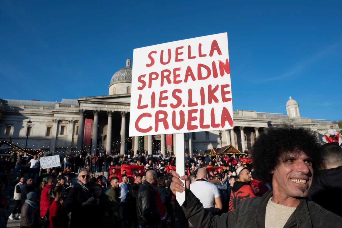 Seeing red: Albanians protesting in Trafalgar Square about remarks made by Home Secretary Suella Braverman   (In Pictures via Getty Images)