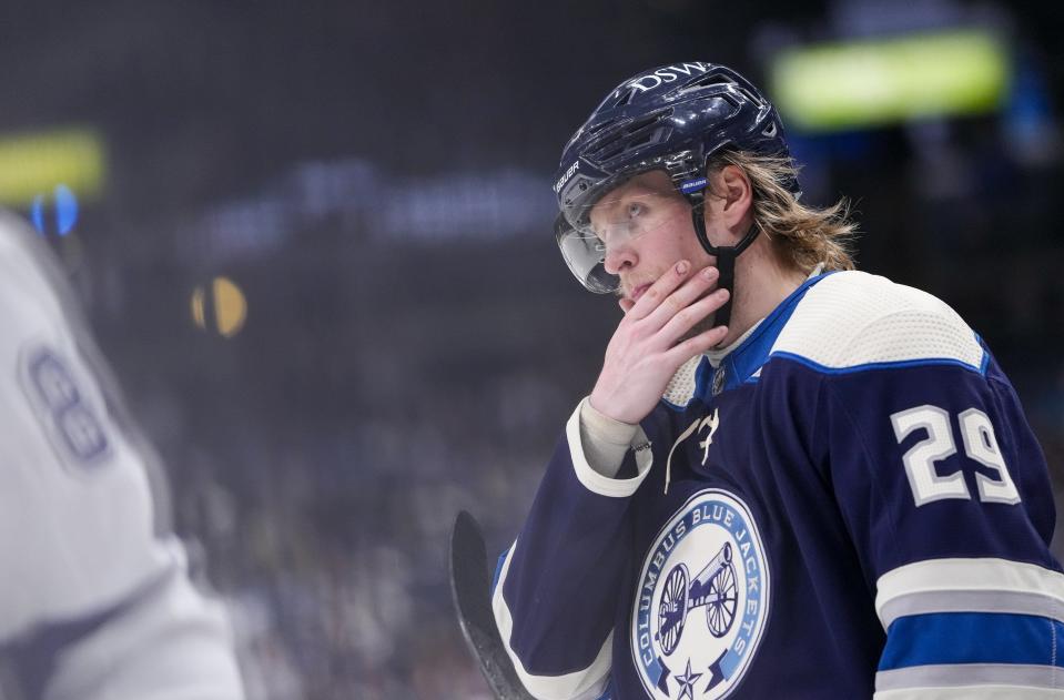 Columbus Blue Jackets left wing Patrik Laine (29) lines up for a face off during the third period of the NHL hockey game against the Tampa Bay Lightning at Nationwide Arena in Columbus on Jan. 4, 2022. The Blue Jackets lost 7-2.