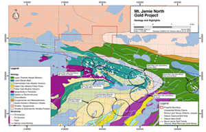 Map 1: Location of Mt. Jamie North relative to nearby gold mines and drilling, on regional geology.