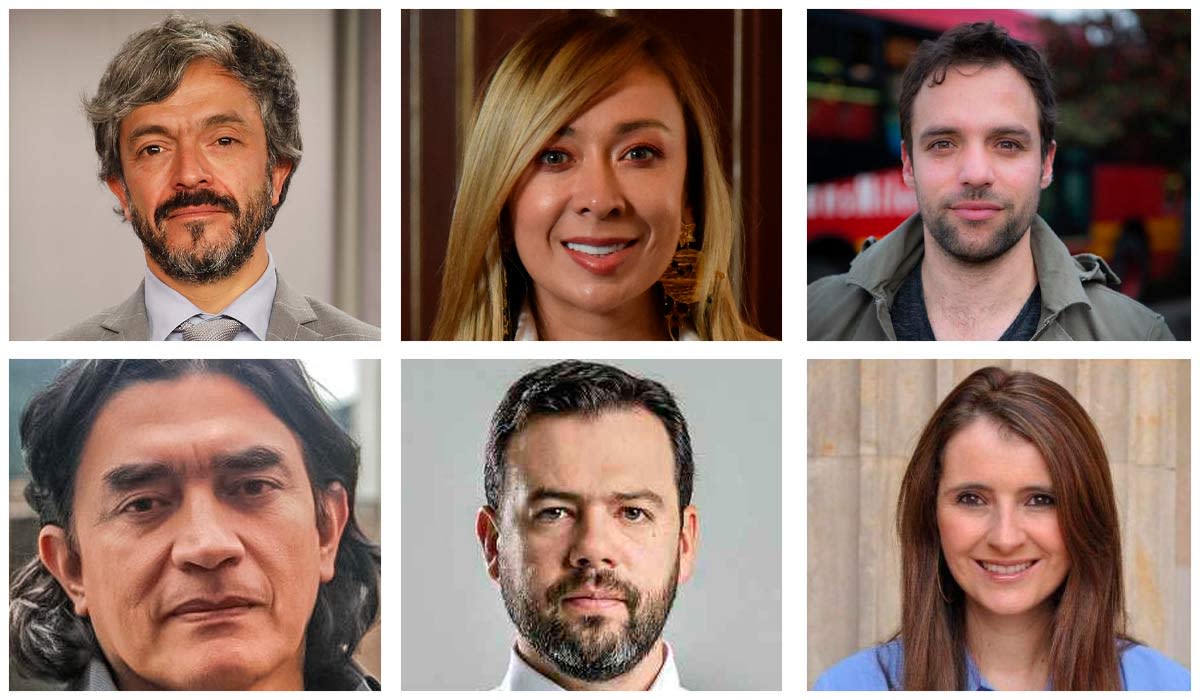 La lista de precandidatos a la Alcaldía de Bogotá incluye (de izquierda a derecha) a Juan Daniel Oviedo, Katherine Miranda, Luis Ernesto Gómez, Gustavo Bolívar, Carlos Fernando Galán y Paloma Valencia.