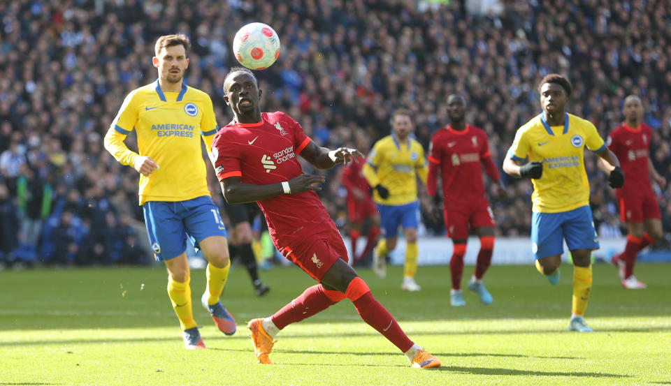 BRIGHTON, ENGLAND - MARCH 12: Liverpool's Sadio Mane during the EPL match between Brighton & Hove Albion and Liverpool at American Express Community Stadium on March 12, 2022 in Brighton, United Kingdom. (Photo by Rob Newell - CameraSport via Getty Images)
