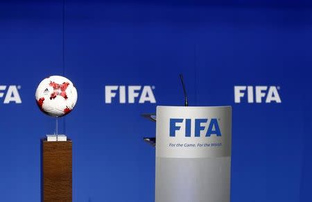 The stage for FIFA President Gianni Infantino is seen before a news conference after a FIFA Council in Zurich, Switzerland, January 10, 2017. REUTERS/Arnd Wiegmann