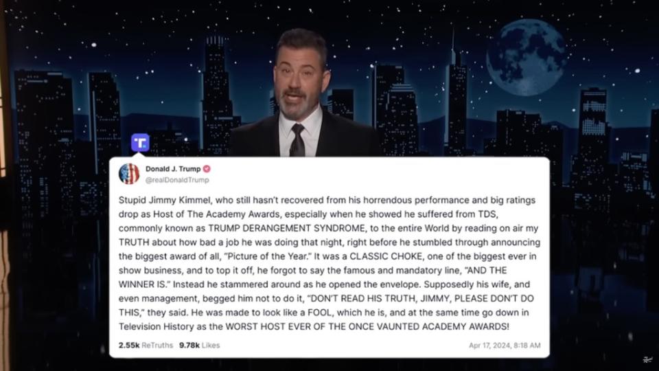 In a Truth Social media post made by the former president, Trump, 77, claimed that Kimmell “still hasn’t recovered from his horrendous performance and big ratings drop as Host of The Academy Awards.” ABC