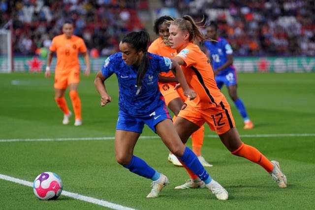 Sakina Karchaoui, left, battles with the Netherlands' Victoria Pelova