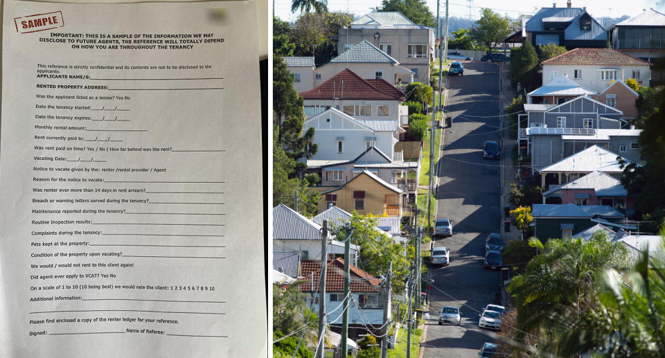 Real estate agency's reference form; Suburban street lined by houses