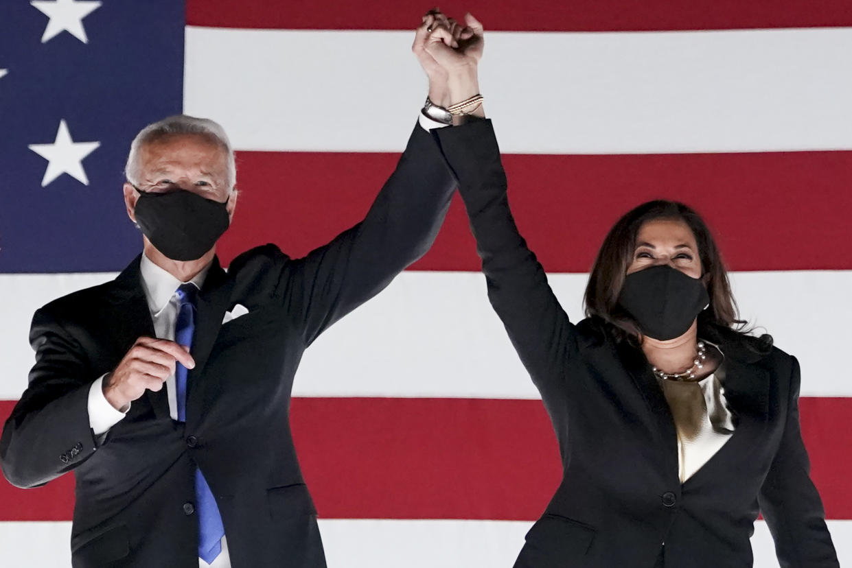 Biden and Harris appear during the Democratic National Convention in Wilmington, Del., on Aug. 20. (Stefani Reynolds/Bloomberg via Getty Images)