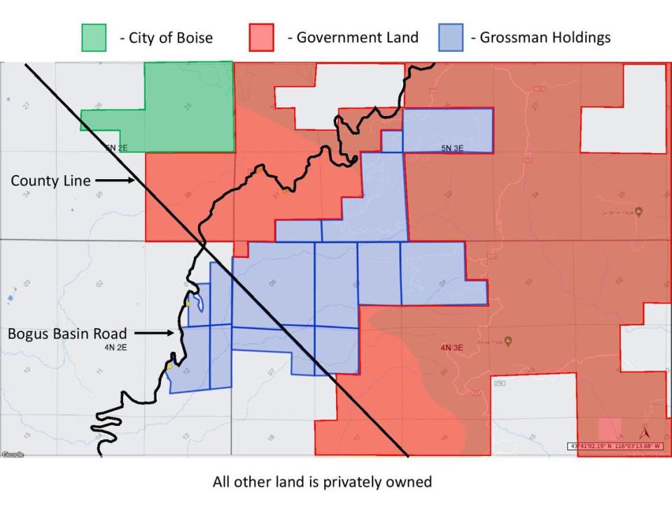 This map shows the land Grossman Company Properties Inc. offered in the center, surrounded on nearly all sides by land owned by the government. A piece of land owned by the city of Boise sits at top left. Grossman Co. Properties Inc.