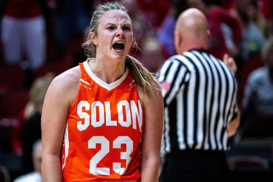 Solon's Callie Levin reacts after drawing a foul during Friday’s state championship game.