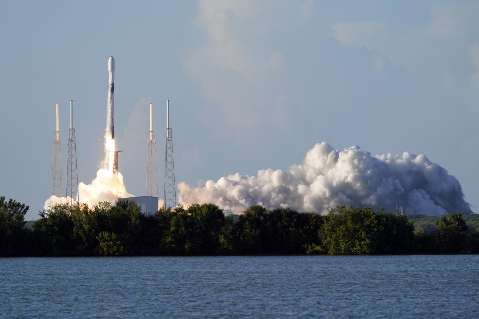 A SpaceX Falcon 9 rocket, with the Korea Pathfinder Lunar Orbiter, or KPLO, lifts off from launch complex 40 at the Cape Canaveral Space Force Station in Cape Canaveral, Fla., Thursday, Aug. 4, 2022.South Korea joined the stampede to the moon Thursday with the launch of a lunar orbiter that will scout out future landing spots. (AP Photo/John Raoux)