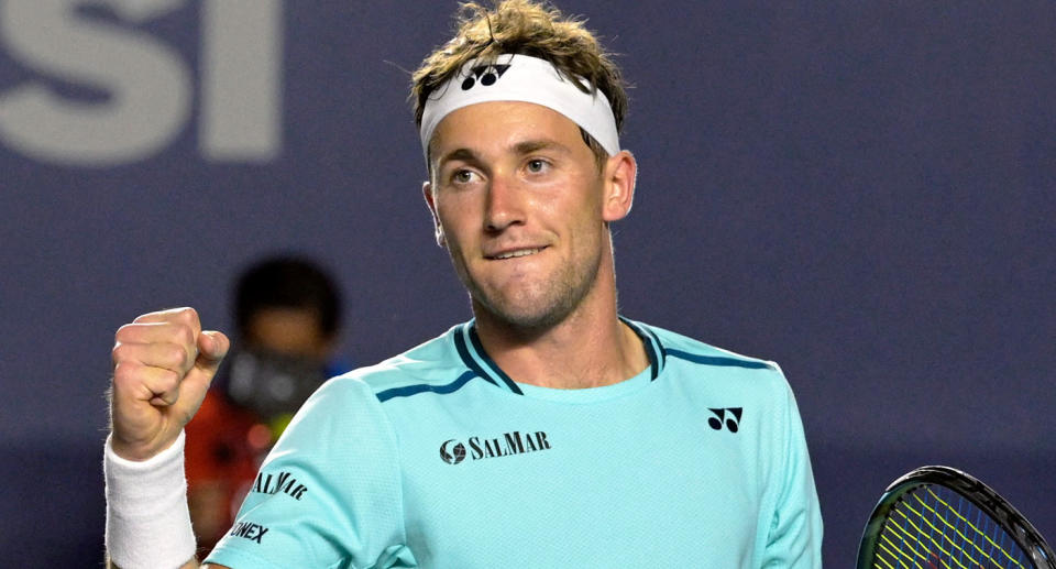 Seen here, Casper Ruud celebrates during his semi-final victory over Stefanos Tsitsipas. 