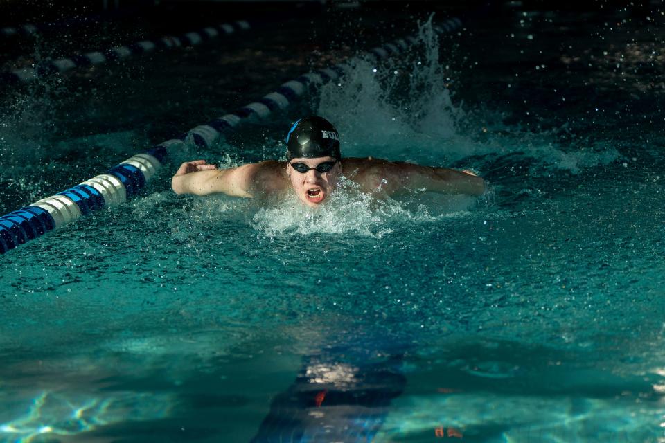 Jan 20, 2024; Wayne, NJ, USA; Oliver Kiss with Passaic Tech in the boys 200 yard individual medley during the Passaic County swimming championships at Passaic Tech HS on Saturday.