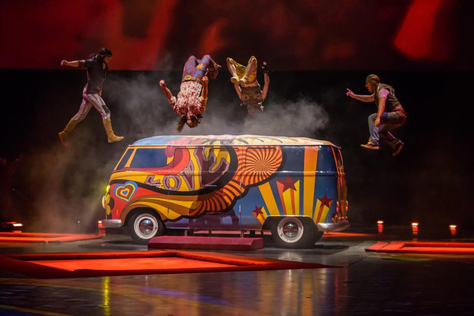 Trampolines are the foundation for the performance of "revolution" during the Cirque du Soleil "Love the Beatles."